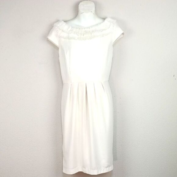 SD Collection Women Elegant White Cap Sleeve Frayed Neckline Midi  Dress sz 10 - Picture 1 of 10